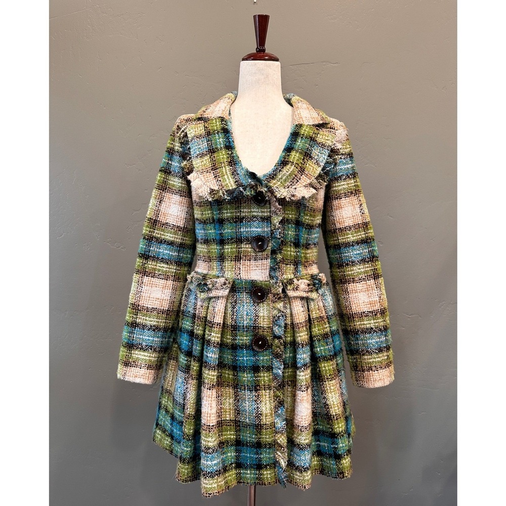 Anthropologie Nick & Mo Retro‎ Tweed Plaid Wool Flare Coat Small Fringed Boho